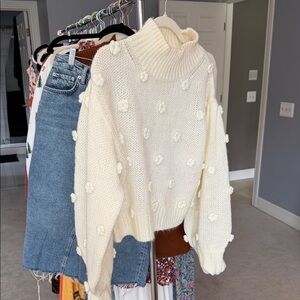 FARM Rio Cream Turtleneck Sweater with Floral Details